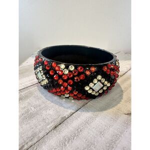 Vintage Chunky Black Red Rhinestone Studded All Around!  Lucite Resin.  Art Deco
